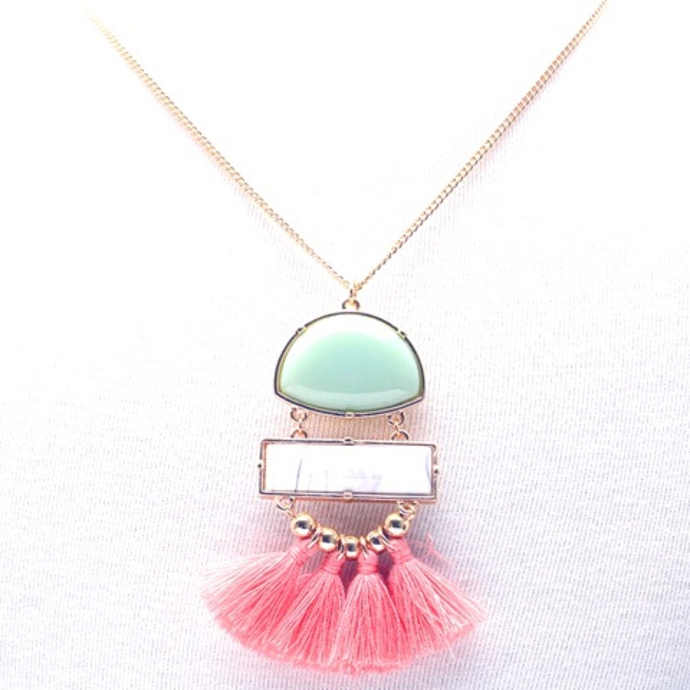 Faux Jade Cabochon Tassel Sweater Chain - Pink